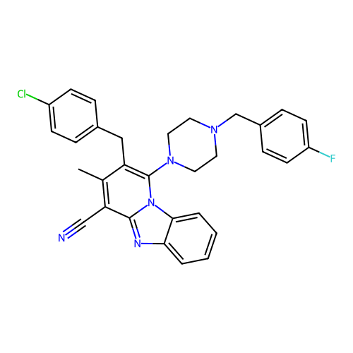 2-(4-chlorobenzyl)-1-(4-(4-fluorobenzyl)piperazin-1-yl)-3-methylbenzo[4,5]imidazo[1,2-a]pyridine-4-carbonitrile structure