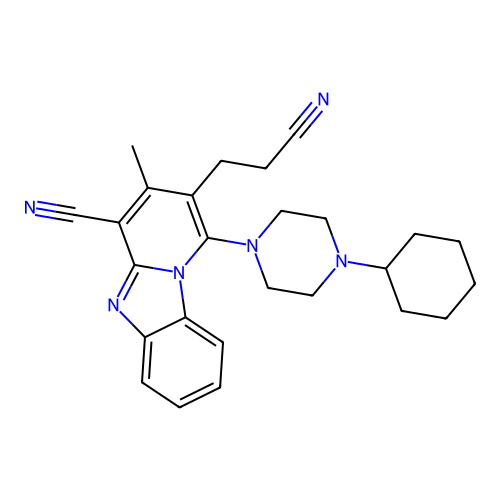 2-(2-cyanoethyl)-1-(4-cyclohexylpiperazin-1-yl)-3-methylpyrido[1,2-a]benzimidazole-4-carbonitrile structure
