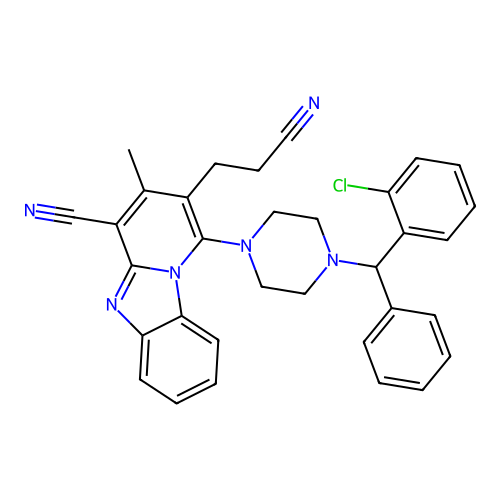 1-{4-[(2-chlorophenyl)(phenyl)methyl]piperazin-1-yl}-2-(2-cyanoethyl)-3-methylpyrido[1,2-a]benzimidazole-4-carbonitrile structure