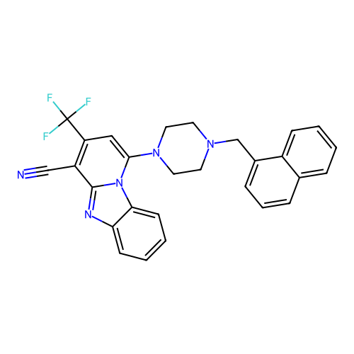 1-[4-(naphthalen-1-ylmethyl)piperazin-1-yl]-3-(trifluoromethyl)pyrido[1,2-a]benzimidazole-4-carbonitrile structure