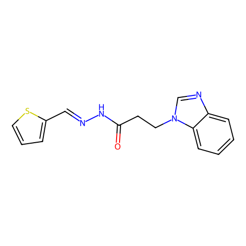 (E)-3-(1H-benzo[d]imidazol-1-yl)-N'-(thiophen-2-ylmethylene)propanehydrazide structure