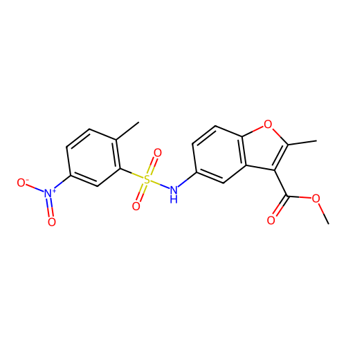 methyl 2-methyl-5-(2-methyl-5-nitrobenzenesulfonamido)-1-benzofuran-3-carboxylate structure