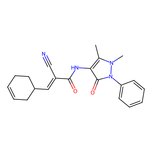 2-cyano-3-(cyclohex-3-en-1-yl)-N-(1,5-dimethyl-3-oxo-2-phenyl-2,3-dihydro-1H-pyrazol-4-yl)prop-2-enamide structure