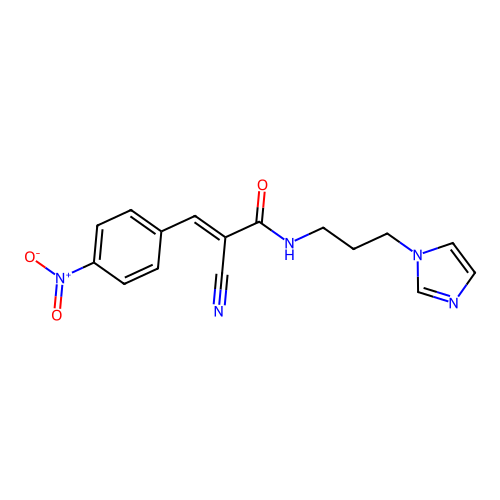 (E)-2-cyano-N-(3-imidazol-1-ylpropyl)-3-(4-nitrophenyl)prop-2-enamide structure