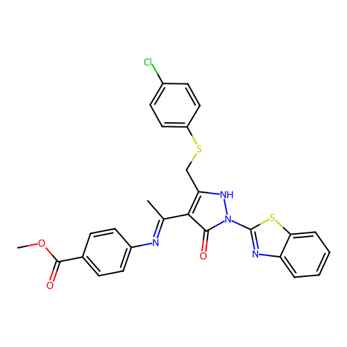 (Z)-methyl 4-((1-(1-(benzo[d]thiazol-2-yl)-3-(((4-chlorophenyl)thio)methyl)-5-oxo-1H-pyrazol-4(5H)-ylidene)ethyl)amino)benzoate structure