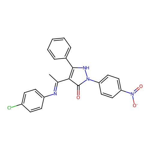4-[(1E)-N-(4-chlorophenyl)ethanimidoyl]-2-(4-nitrophenyl)-5-phenyl-1,2-dihydro-3H-pyrazol-3-one structure