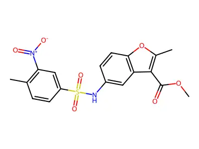 methyl 2-methyl-5-(4-methyl-3-nitrophenylsulfonamido)benzofuran-3-carboxylate structure