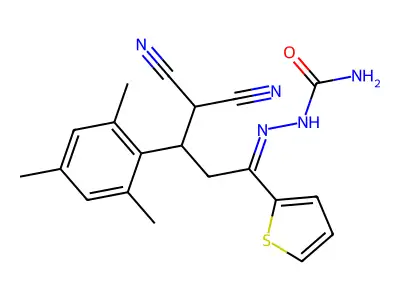 [[4,4-Dicyano-1-thiophen-2-yl-3-(2,4,6-trimethylphenyl)butylidene]amino]urea structure