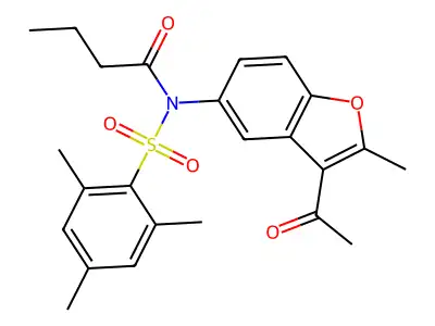 N-(3-acetyl-2-methylbenzofuran-5-yl)-N-(mesitylsulfonyl)butyramide structure