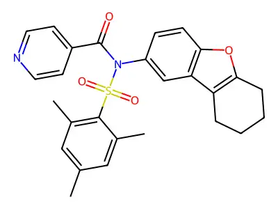 N-(mesitylsulfonyl)-N-(6,7,8,9-tetrahydrodibenzo[b,d]furan-2-yl)isonicotinamide structure