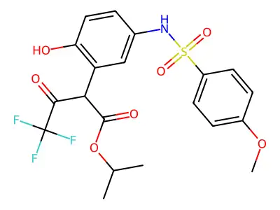 propan-2-yl 4,4,4-trifluoro-2-[2-hydroxy-5-(4-methoxybenzenesulfonamido)phenyl]-3-oxobutanoate structure