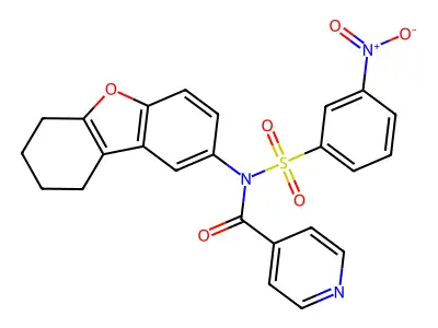 N-((3-nitrophenyl)sulfonyl)-N-(6,7,8,9-tetrahydrodibenzo[b,d]furan-2-yl)isonicotinamide structure