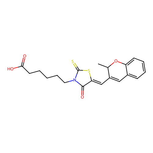 6-{(5Z)-5-[(2-methyl-2H-chromen-3-yl)methylidene]-4-oxo-2-thioxo-1,3-thiazolidin-3-yl}hexanoic acid structure