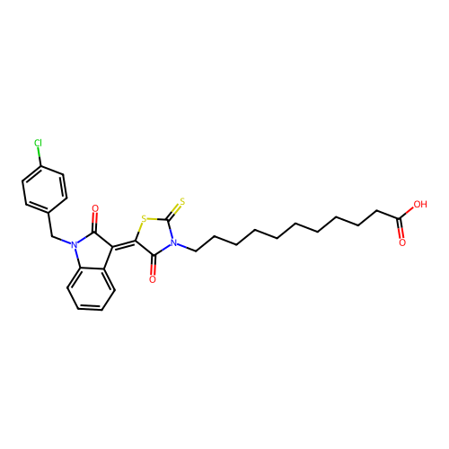 11-{(5Z)-5-[1-(4-chlorobenzyl)-2-oxo-1,2-dihydro-3H-indol-3-ylidene]-4-oxo-2-thioxo-1,3-thiazolidin-3-yl}undecanoic acid structure