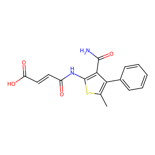 2-butenoic acid, 4-[[3-(aminocarbonyl)-5-methyl-4-phenyl-2-thienyl]amino]-4-oxo-, (2E)- structure