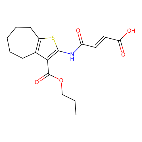 (E)-4-oxo-4-[(3-propoxycarbonyl-5,6,7,8-tetrahydro-4H-cyclohepta[b]thiophen-2-yl)amino]but-2-enoic acid structure