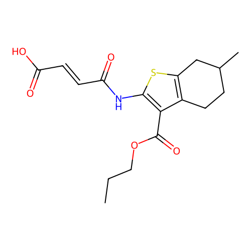 (2E)-4-{[6-methyl-3-(propoxycarbonyl)-4,5,6,7-tetrahydro-1-benzothiophen-2-yl]amino}-4-oxobut-2-enoic acid structure