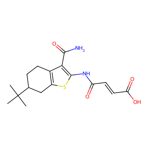 (E)-4-[(6-tert-butyl-3-carbamoyl-4,5,6,7-tetrahydro-1-benzothiophen-2-yl)amino]-4-oxobut-2-enoic acid structure