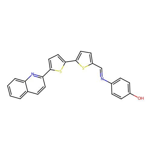 (E)-4-(((5'-(quinolin-2-yl)-[2,2'-bithiophen]-5-yl)methylene)amino)phenol structure