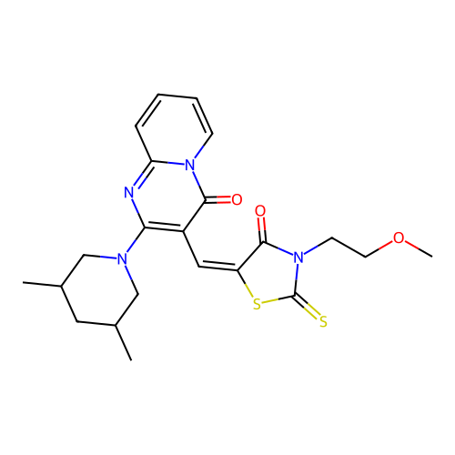 2-(3,5-dimethylpiperidin-1-yl)-3-{(E)-[3-(2-methoxyethyl)-4-oxo-2-thioxo-1,3-thiazolidin-5-ylidene]methyl}-4H-pyrido[1,2-a]pyrimidin-4-one structure