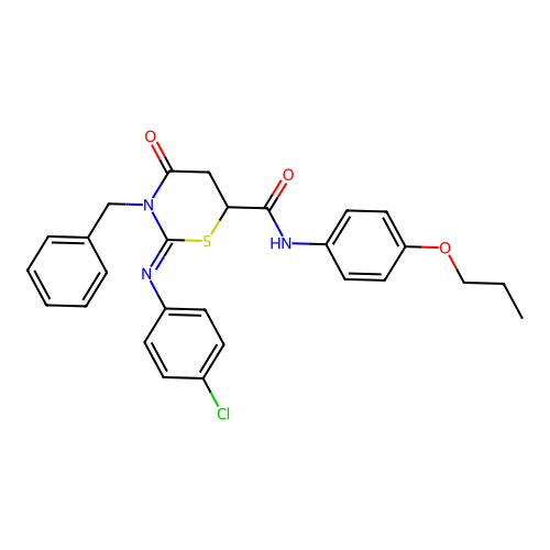 3-benzyl-2-(4-chlorophenyl)imino-4-oxo-N-(4-propoxyphenyl)-1,3-thiazinane-6-carboxamide structure