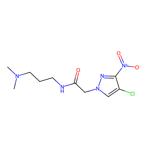 N-[3-(dimethylamino)propyl]-2-(4-chloro-3-nitropyrazolyl)acetamide structure