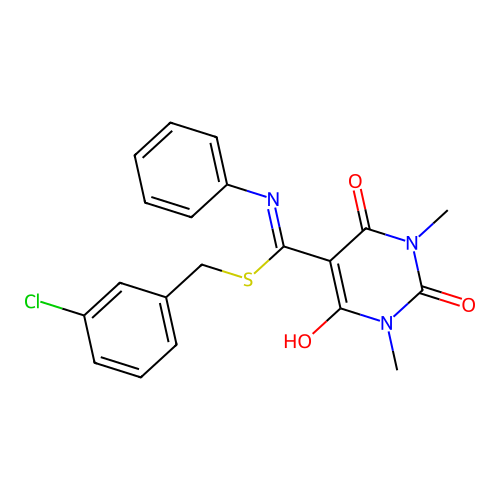 5-{[(3-chlorobenzyl)sulfanyl](phenylamino)methylidene}-1,3-dimethylpyrimidine-2,4,6(1H,3H,5H)-trione structure