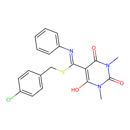 5-{[(4-chlorobenzyl)sulfanyl](phenylamino)methylidene}-1,3-dimethylpyrimidine-2,4,6(1H,3H,5H)-trione structure