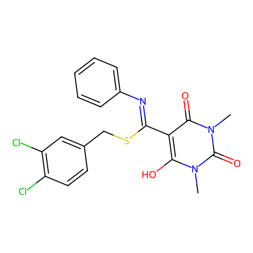 5-{[(3,4-dichlorobenzyl)sulfanyl](phenylamino)methylidene}-1,3-dimethylpyrimidine-2,4,6(1H,3H,5H)-trione structure