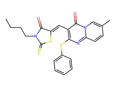 3-[(Z)-(3-butyl-4-oxo-2-thioxo-1,3-thiazolidin-5-ylidene)methyl]-7-methyl-2-(phenylsulfanyl)-4H-pyrido[1,2-a]pyrimidin-4-one structure