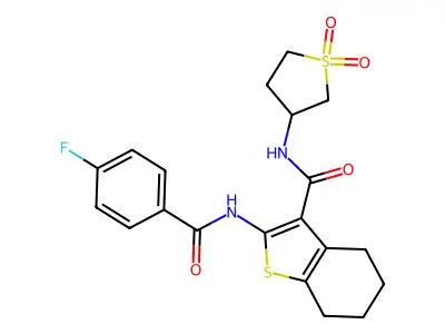 N-(1,1-dioxidotetrahydrothiophen-3-yl)-2-{[(4-fluorophenyl)carbonyl]amino}-4,5,6,7-tetrahydro-1-benzothiophene-3-carboxamide structure