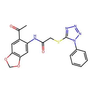 N-(6-acetyl-1,3-benzodioxol-5-yl)-2-(1-phenyltetrazol-5-yl)sulfanylacetamide structure