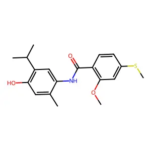N-(4-hydroxy-2-methyl-5-propan-2-ylphenyl)-2-methoxy-4-methylsulfanylbenzamide structure