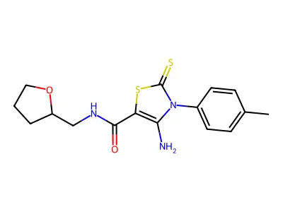 4-amino-3-(4-methylphenyl)-N-(tetrahydrofuran-2-ylmethyl)-2-thioxo-2,3-dihydro-1,3-thiazole-5-carboxamide structure