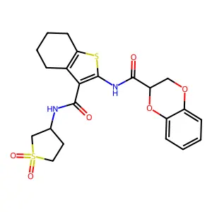 N-[3-[(1,1-dioxothiolan-3-yl)carbamoyl]-4,5,6,7-tetrahydro-1-benzothiophen-2-yl]-2,3-dihydro-1,4-benzodioxine-3-carboxamide structure