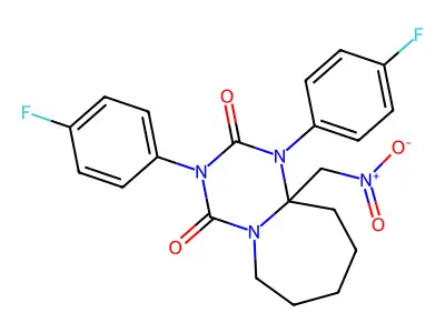 8,10-bis(4-fluorophenyl)-7-(nitromethyl)-1,8,10-triazabicyclo[5.4.0]undecane-9,11-dione structure
