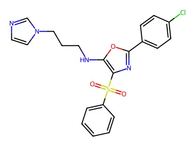 4-(benzenesulfonyl)-2-(4-chlorophenyl)-N-(3-imidazol-1-ylpropyl)-1,3-oxazol-5-amine structure