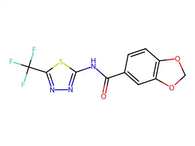 N-[5-(trifluoromethyl)-1,3,4-thiadiazol-2-yl]-1,3-benzodioxole-5-carboxamide structure