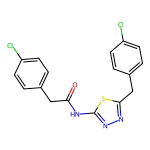 2-(4-chlorophenyl)-N-[5-[(4-chlorophenyl)methyl]-1,3,4-thiadiazol-2-yl]acetamide structure