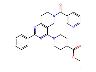 ethyl 1-[2-phenyl-6-(pyridine-3-carbonyl)-7,8-dihydro-5H-pyrido[4,3-d]pyrimidin-4-yl]piperidine-4-carboxylate structure