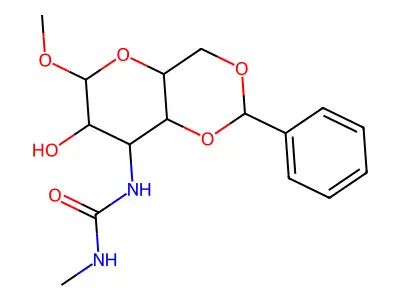 Methyl 4,6-O-benzylidene-3-deoxy-3-{[hydroxy(methylimino)methyl]amino}hexopyranoside structure