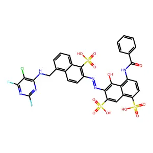4-Benzamido-6-((5-(((5-chloro-2,6-difluoropyrimidin-4-yl)amino)methyl)-1-sulfonaphthalen-2-yl)diazenyl)-5-hydroxynaphthalene-1,7-disulfonic acid structure