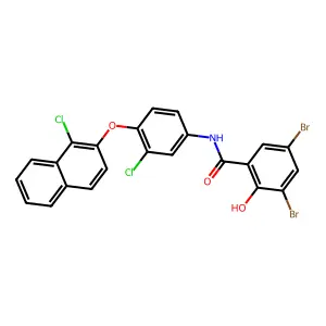 3,5-dibromo-N-(3-chloro-4-((1-chloronaphthalen-2-yl)oxy)phenyl)-2-hydroxybenzamide structure