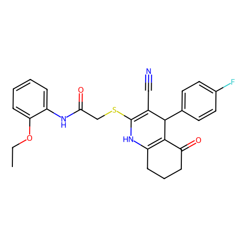 2-((3-cyano-4-(4-fluorophenyl)-5-oxo-1,4,5,6,7,8-hexahydroquinolin-2-yl)thio)-N-(2-ethoxyphenyl)acetamide structure