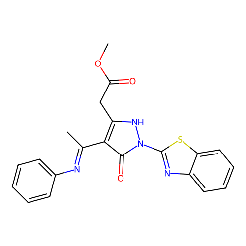 methyl 2-[(4E)-4-(1-anilinoethylidene)-1-(1,3-benzothiazol-2-yl)-5-oxopyrazol-3-yl]acetate structure