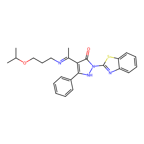 (E)-1-(benzo[d]thiazol-2-yl)-4-(1-((3-isopropoxypropyl)amino)ethylidene)-3-phenyl-1H-pyrazol-5(4H)-one structure