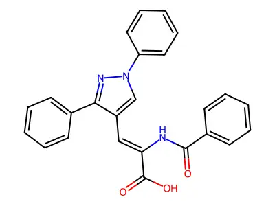 2-Benzamido-3-(1,3-diphenylpyrazol-4-yl)prop-2-enoic acid structure