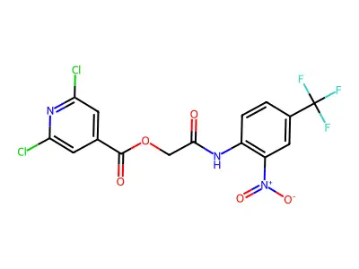 [2-[2-nitro-4-(trifluoromethyl)anilino]-2-oxoethyl] 2,6-dichloropyridine-4-carboxylate structure