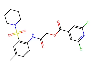 [2-(4-methyl-2-piperidin-1-ylsulfonylanilino)-2-oxoethyl] 2,6-dichloropyridine-4-carboxylate structure