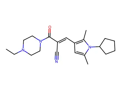 (E)-3-(1-cyclopentyl-2,5-dimethylpyrrol-3-yl)-2-(4-ethylpiperazine-1-carbonyl)prop-2-enenitrile structure
